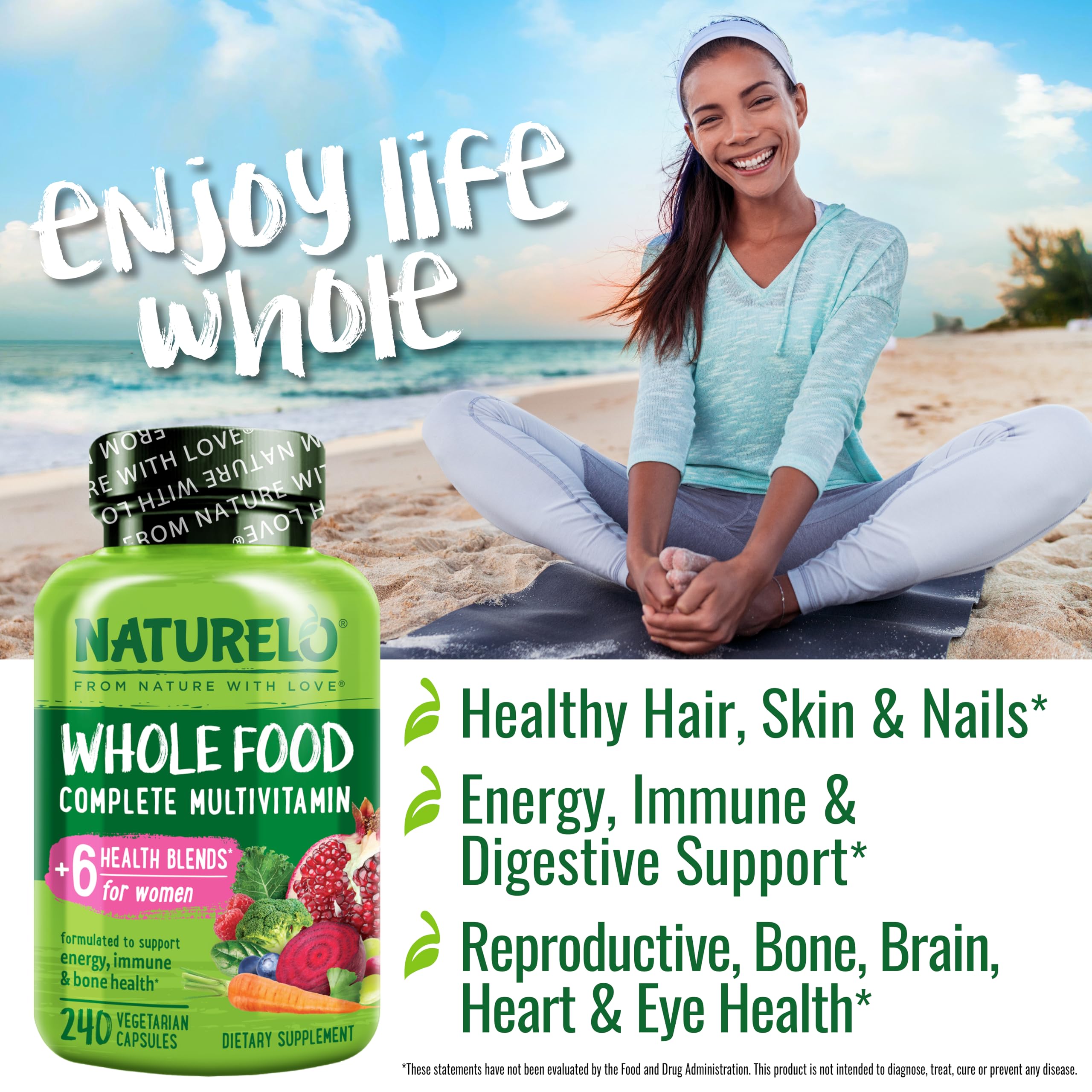 Naturelo Whole Food Multivitamin for Women capsules in hand for easy daily use