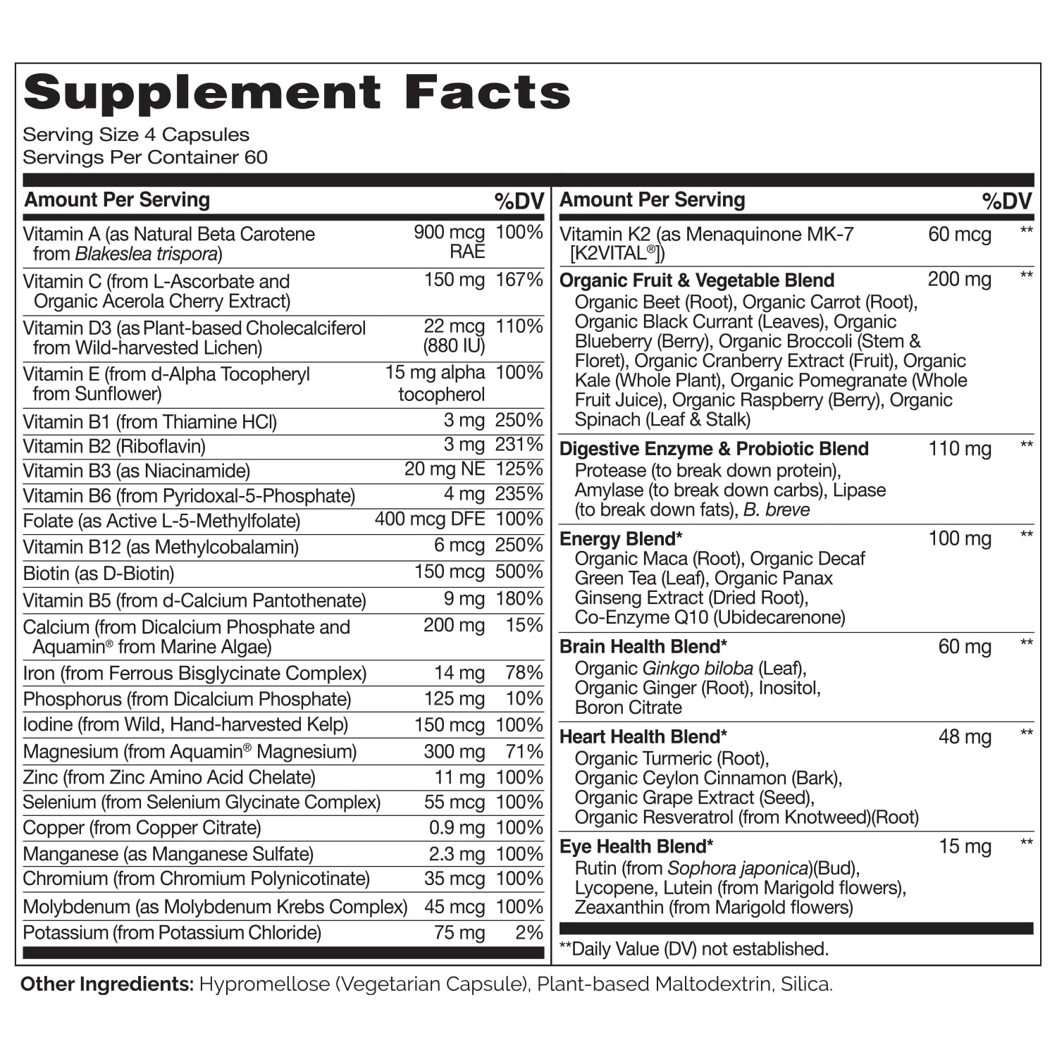 Naturelo Whole Food Multivitamin for Women label showing vegan and non-GMO credentials