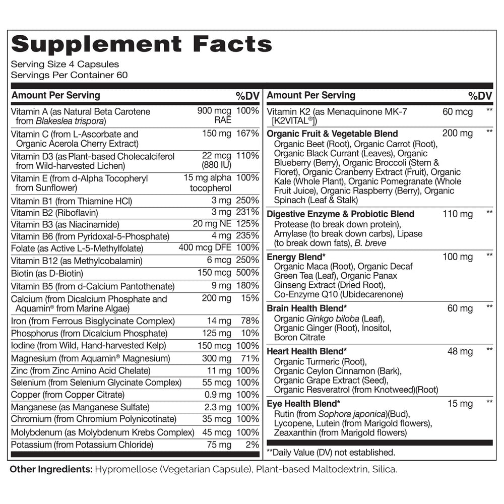 Naturelo Whole Food Multivitamin for Women label showing vegan and non-GMO credentials