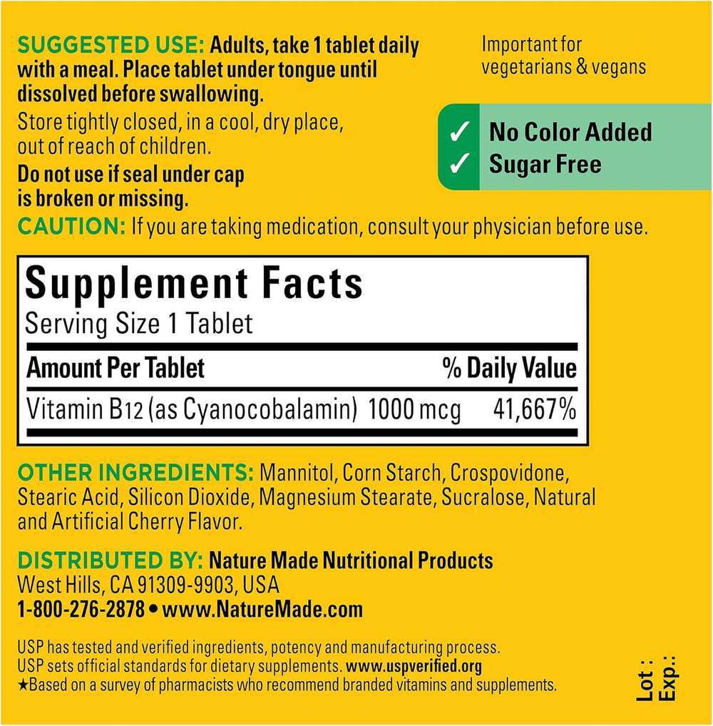 Nature Made B12 1000mcg label detail on cherry flavor
