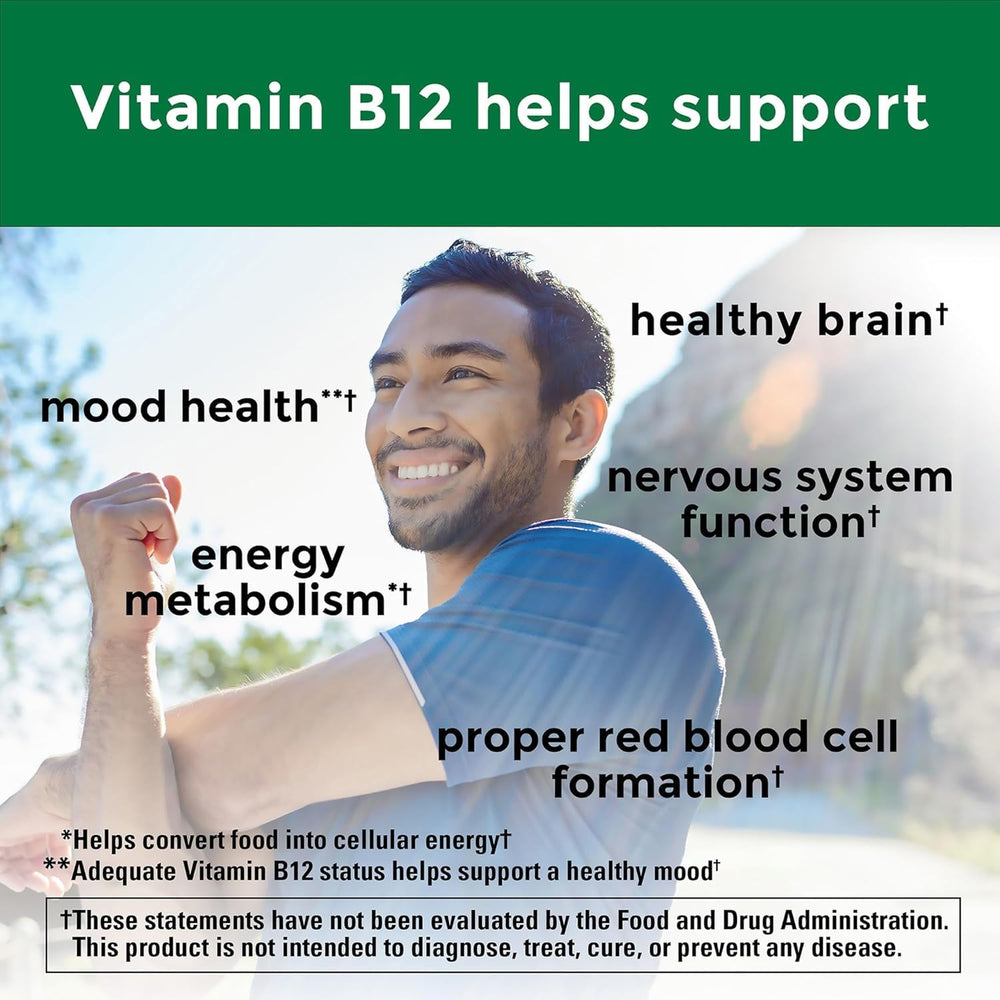 Close-up of Nature Made B12 cherry lozenges for on-the-go use