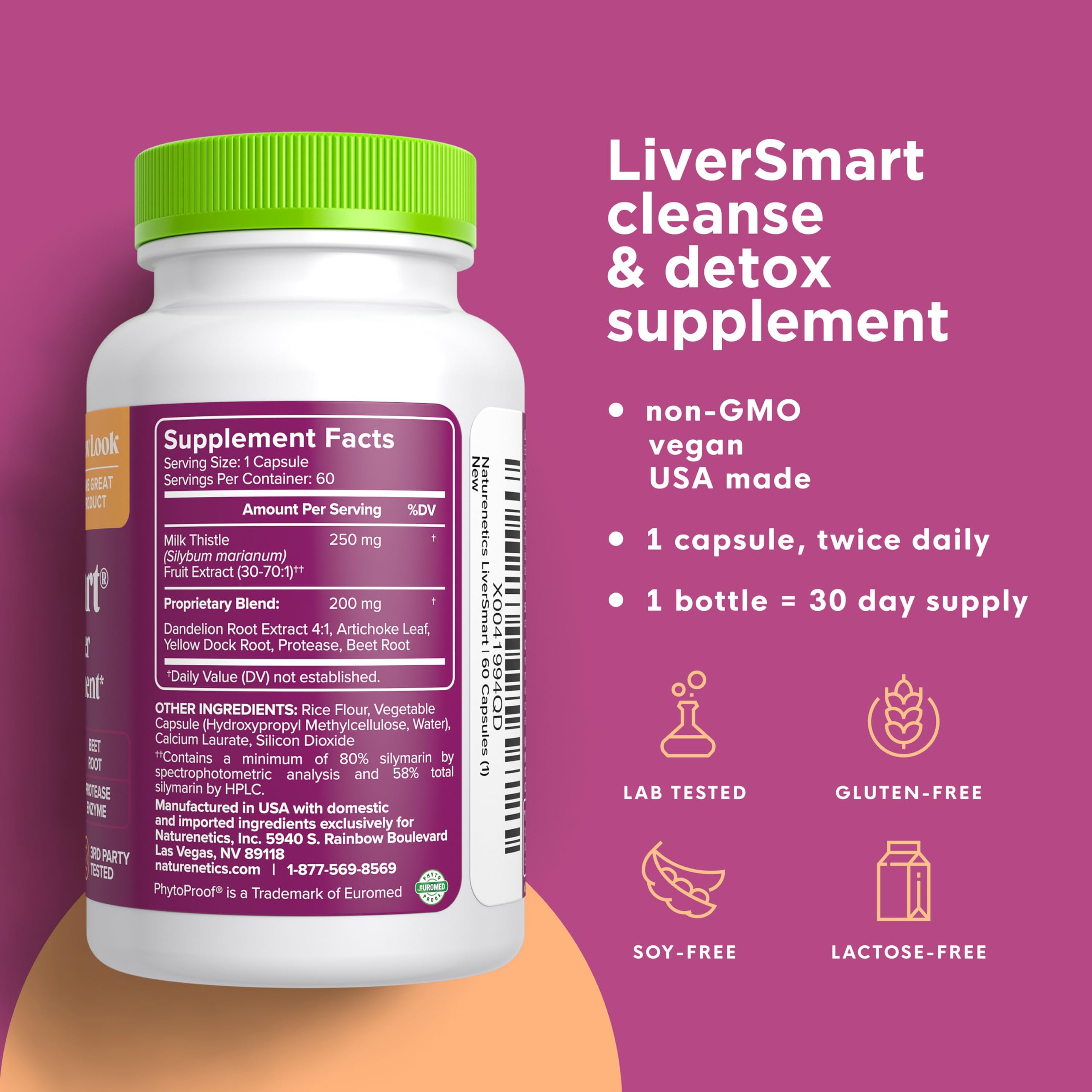 Naturenetics Milk Thistle capsules close-up highlighting 80% silymarin extract.
