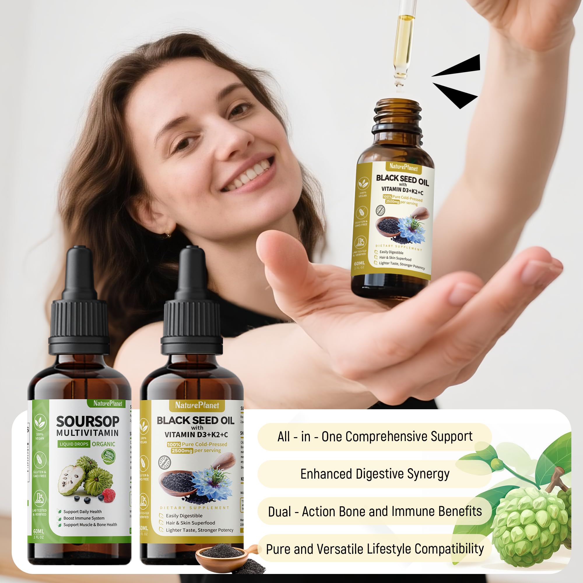 Dropper releasing a single oil drop from NaturePlanet bottle
