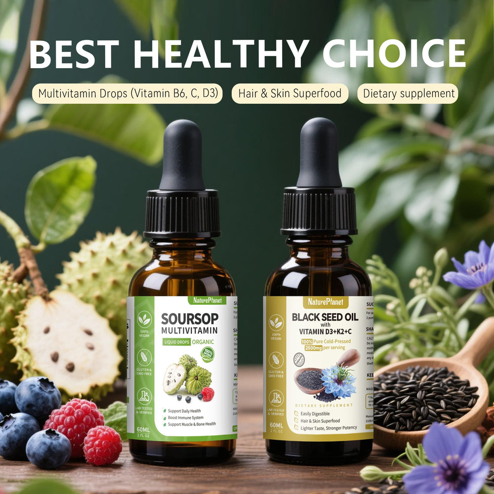Two bottles side by side showing soursop bitters and black seed oil