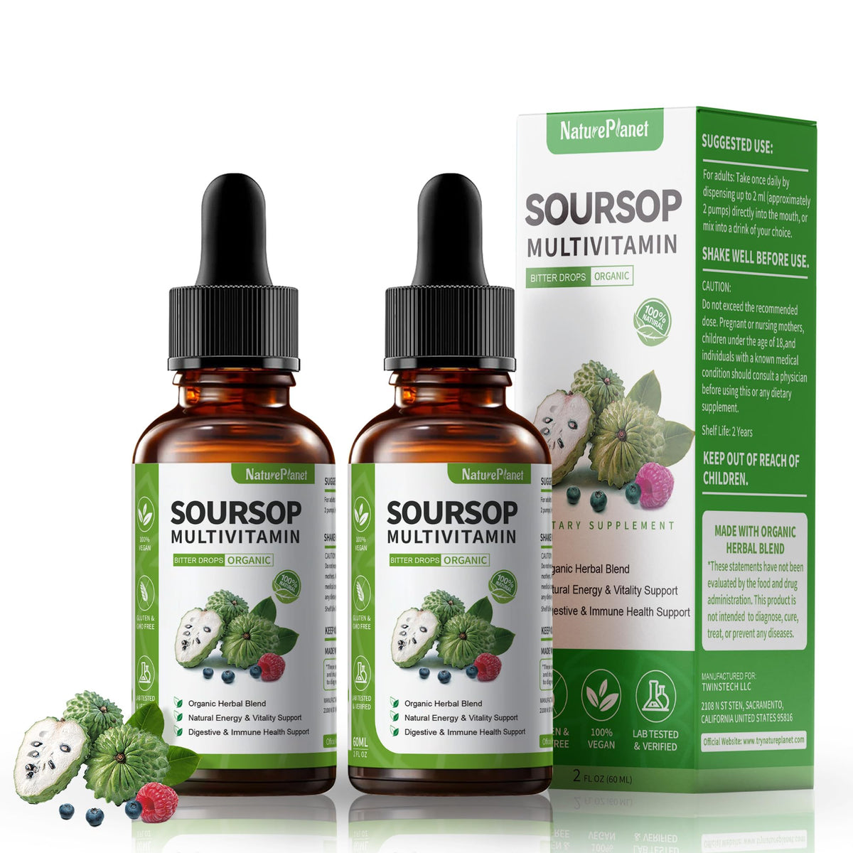 NaturePlanet Soursop Drops bottle with dual soursop formula for daily wellness