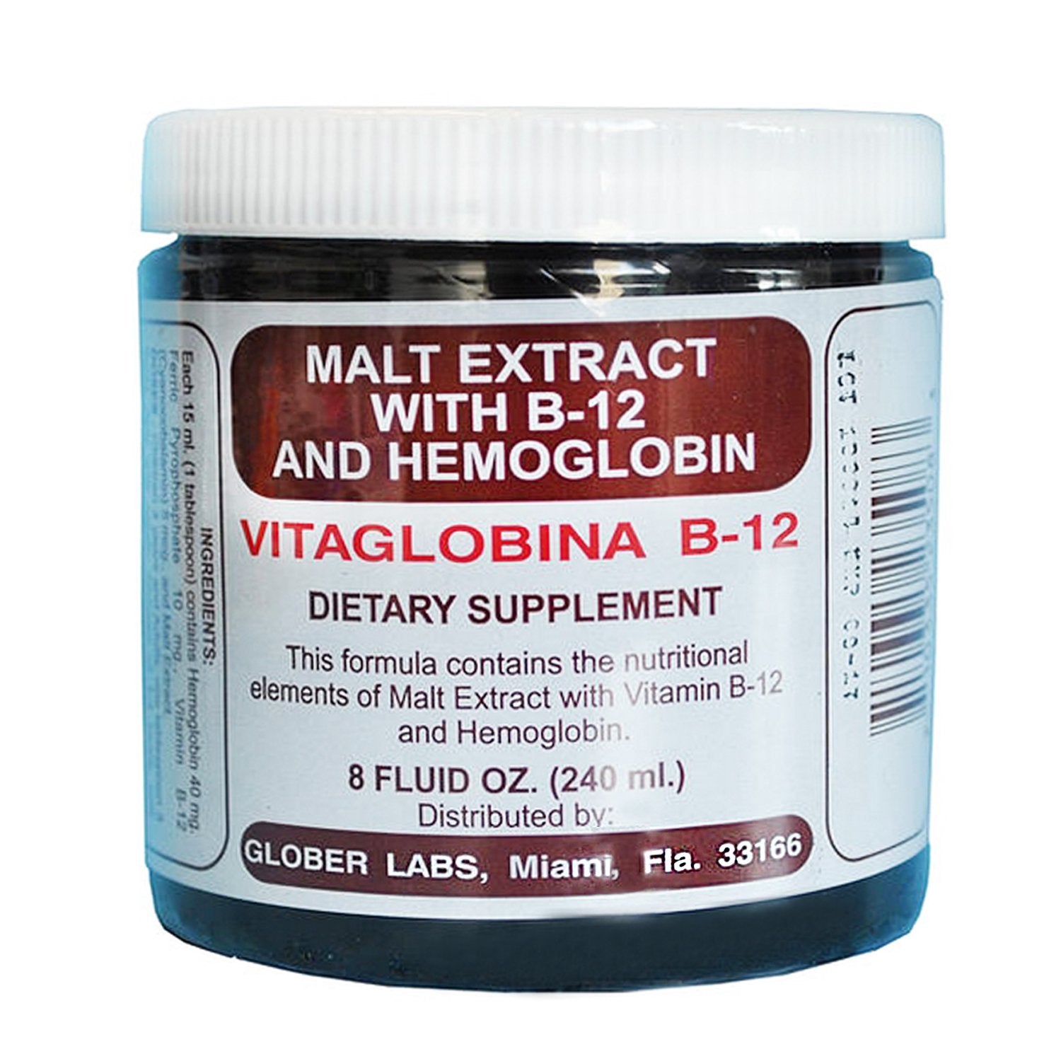 NaturePlus Malt Extract with Hemoglobin and B-12 label close-up shows branding and ingredient profile.