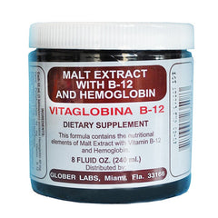 NaturePlus Malt Extract with Hemoglobin and B-12 label close-up shows branding and ingredient profile.
