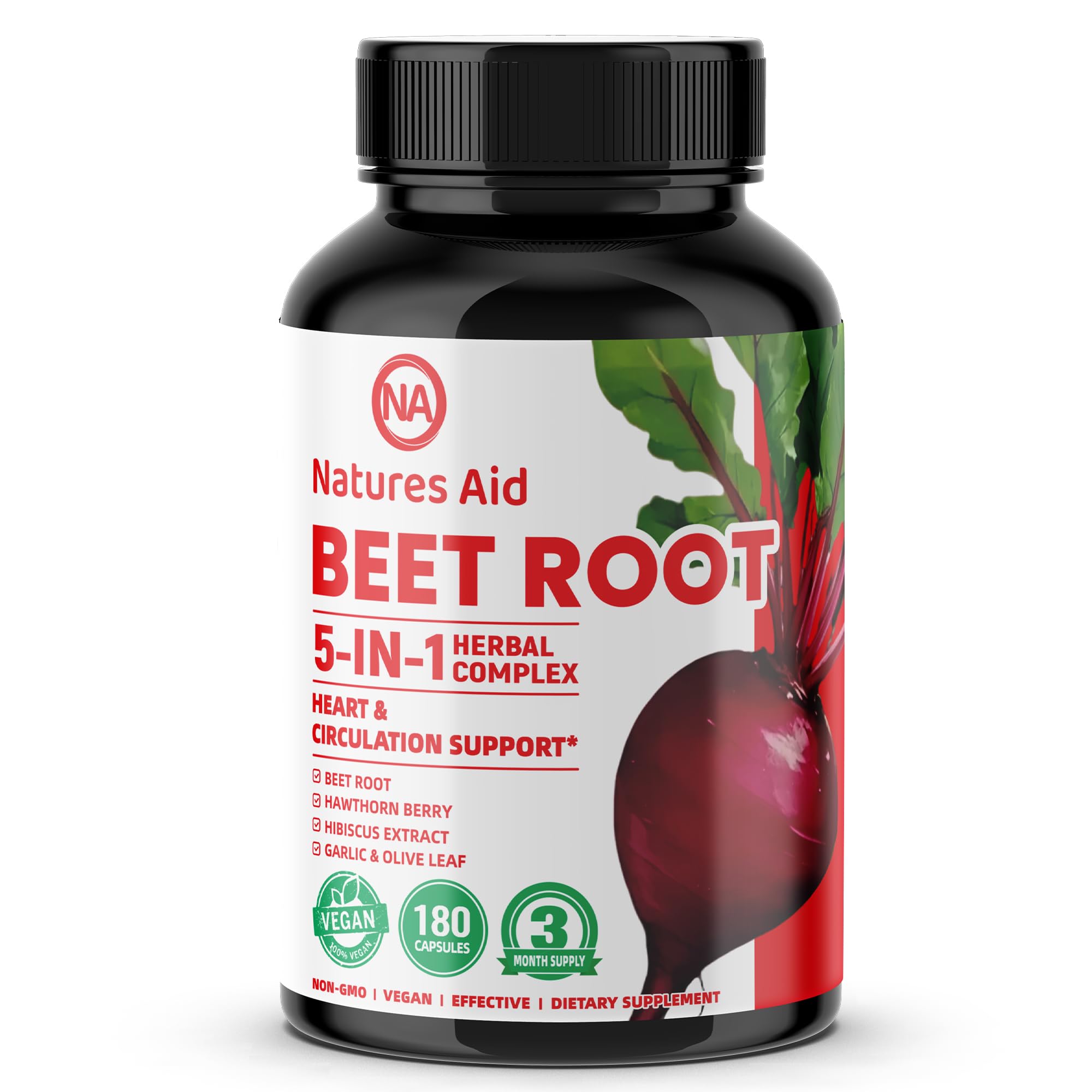 Natures Aid Beet Root Capsules bottle showing 180 vegan capsules for daily support