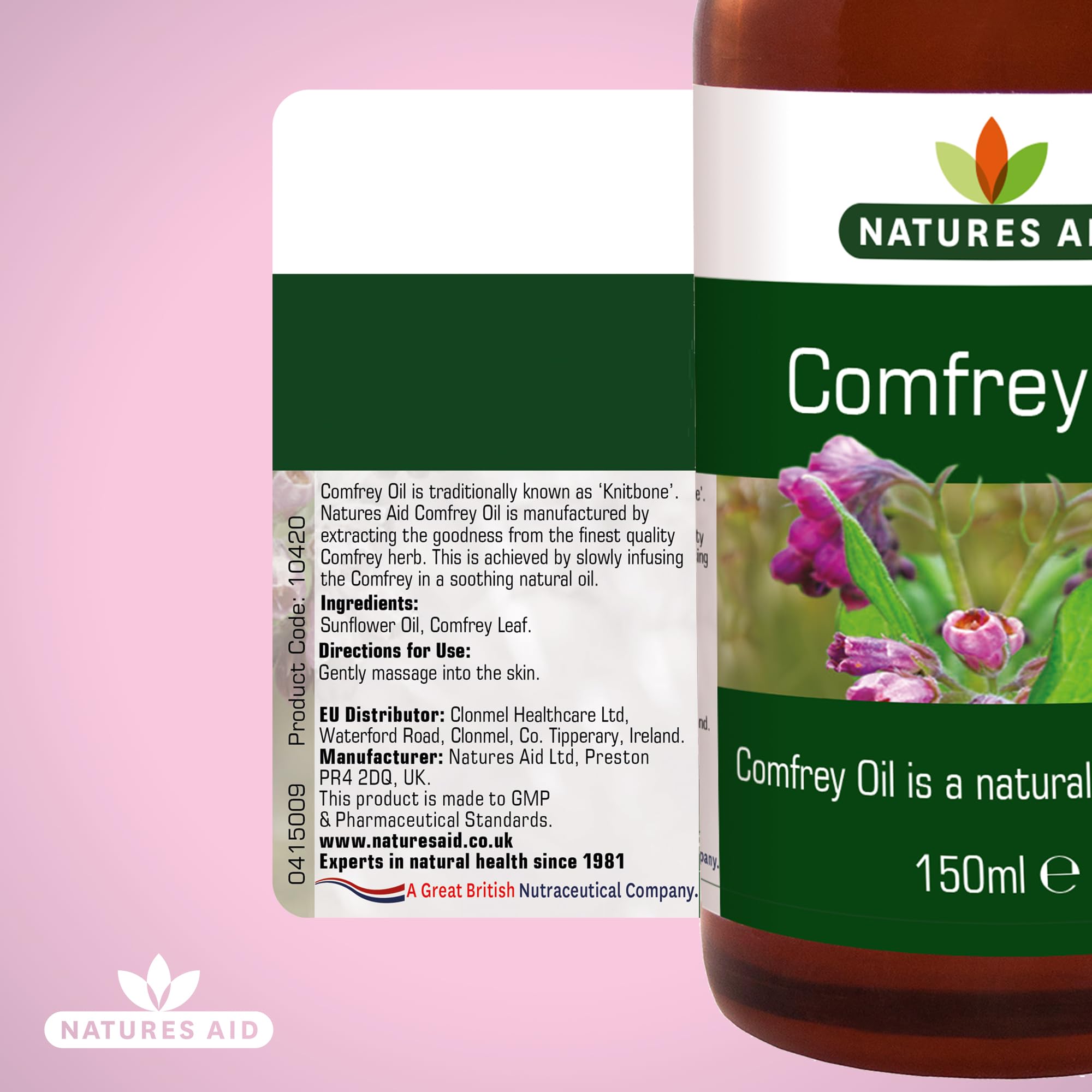 Natures Aid Comfrey Oil 150ml herbal infusion emphasizes gentle plant-based care