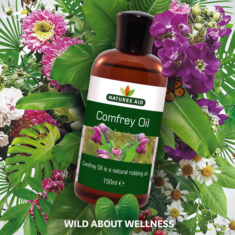 Natures Aid Comfrey Oil 150ml texture close-up reveals smooth, fast-absorbing oil