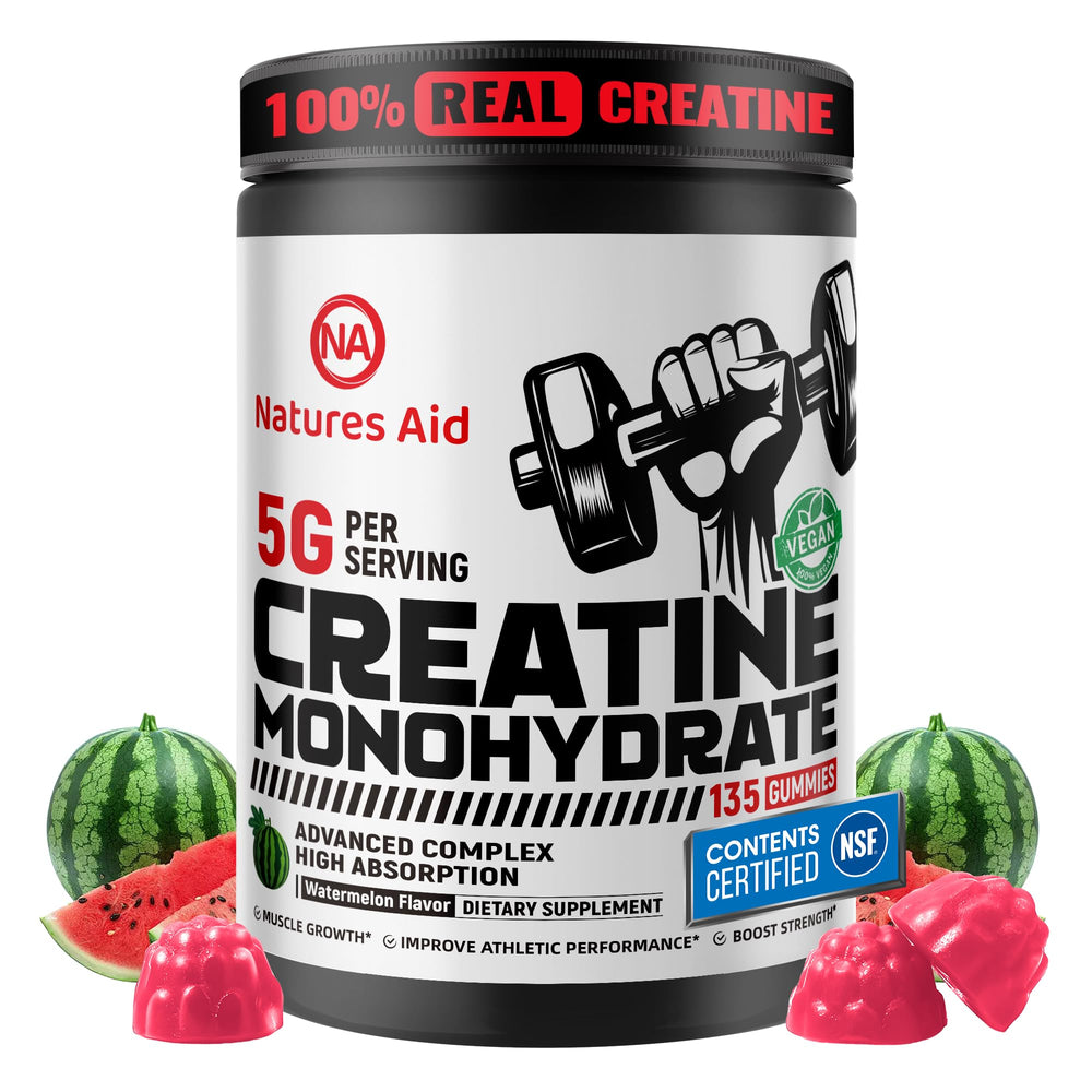 Natures Aid Creatine Gummies bottle showing a 5g serving for quick pre-workout energy.