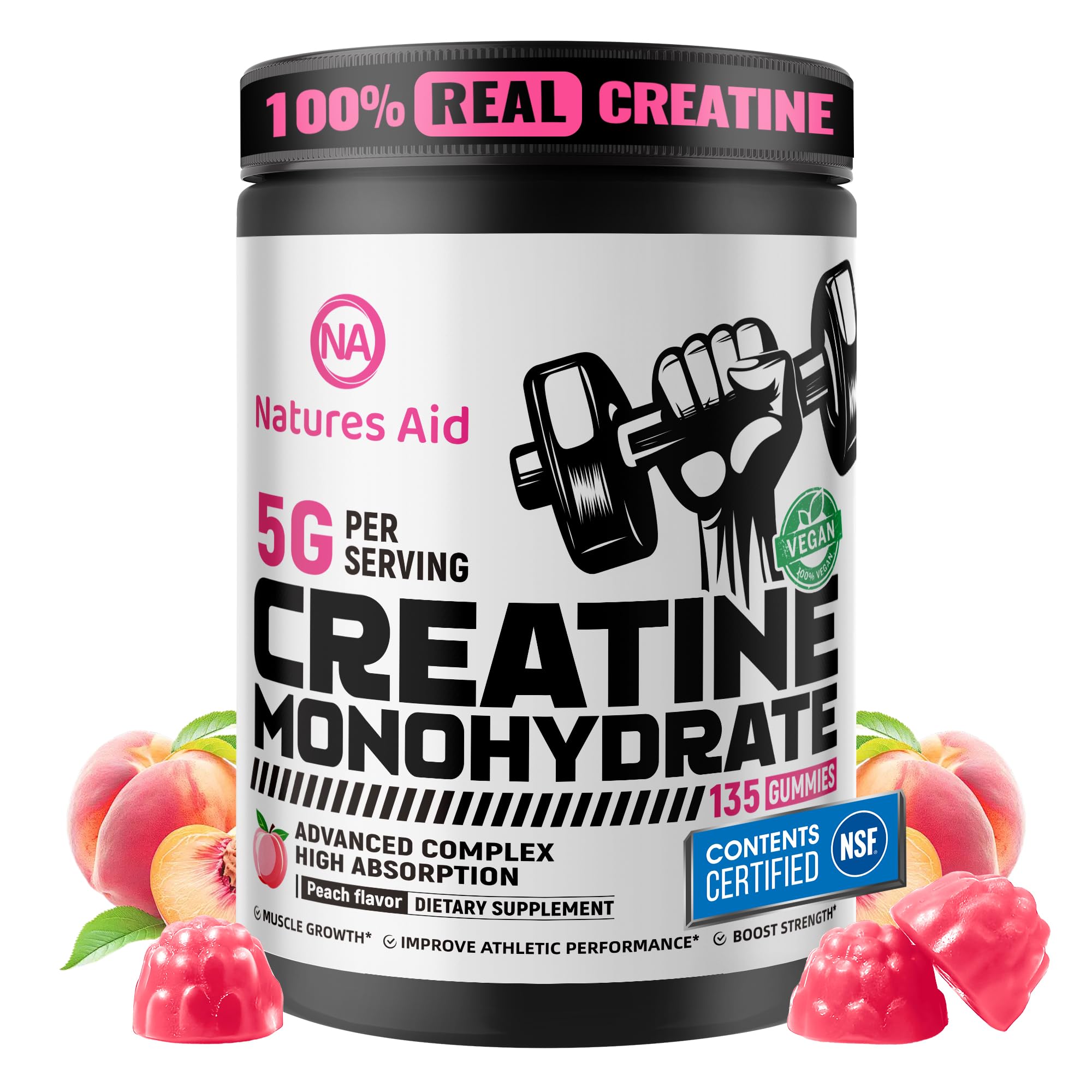 Natures Aid Creatine Gummy bottle on shelf, convenient workout fuel.