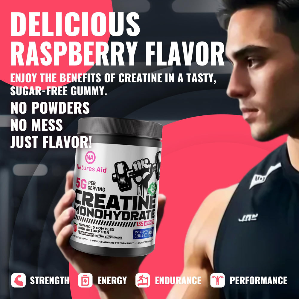 Natures Aid Creatine Gummy packaging, stackable bottle design.