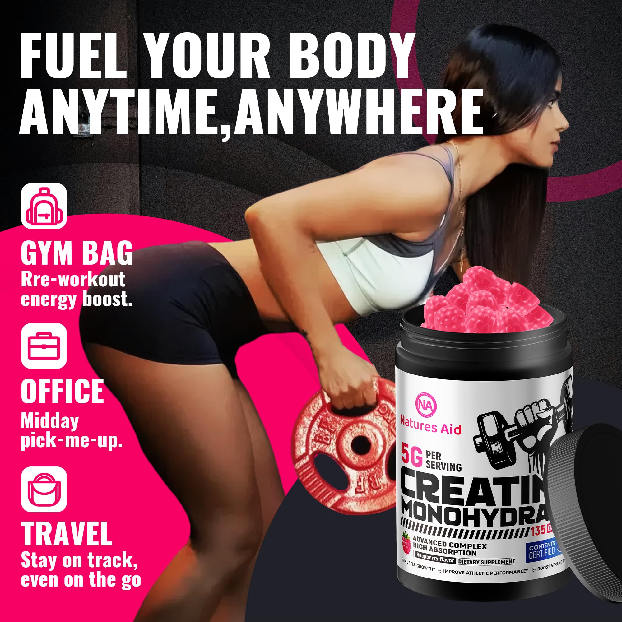Natures Aid Creatine Gummy athlete-use scene shows pre-workout energy on the go