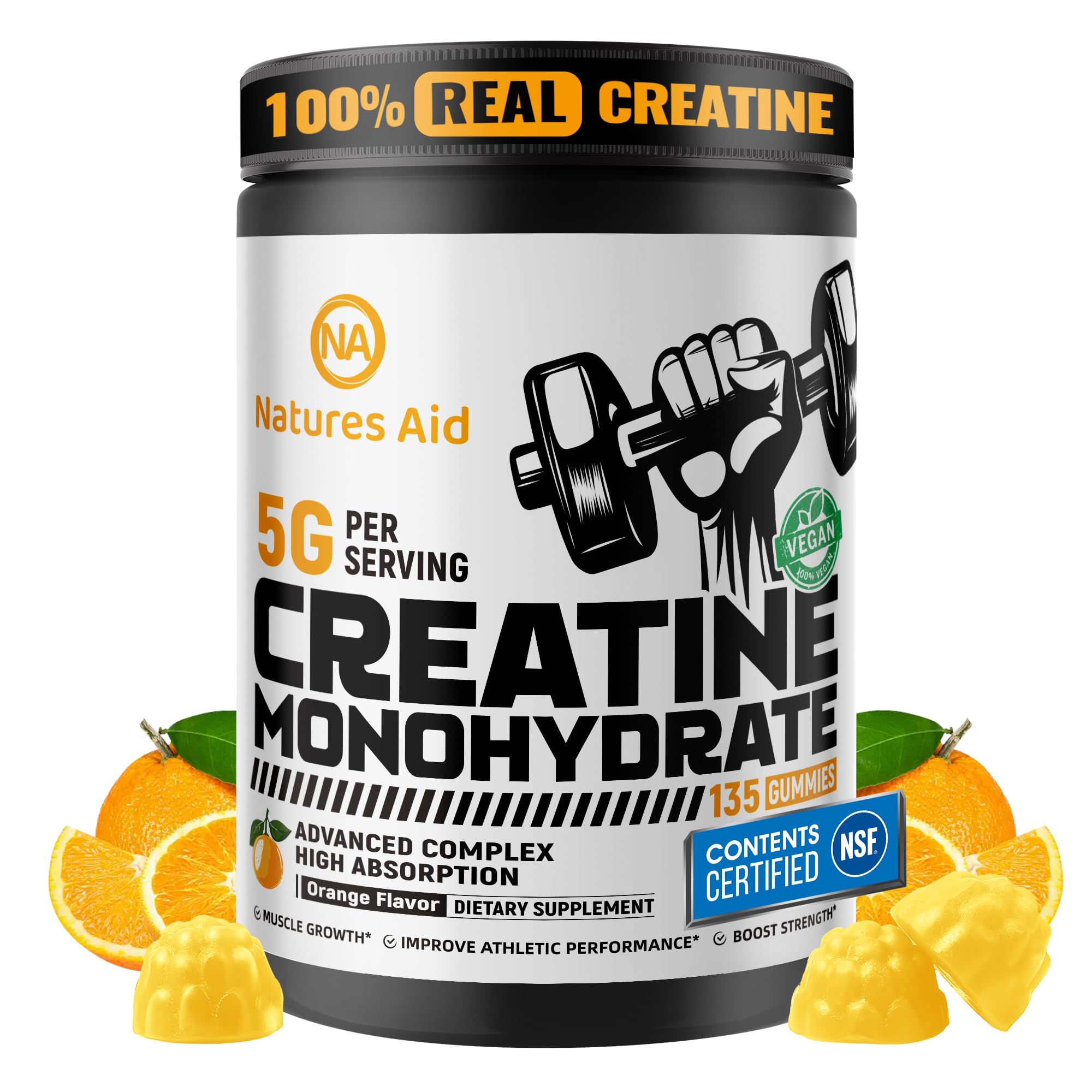 Natures Aid Creatine Gummy bottle close-up for on-the-go workouts