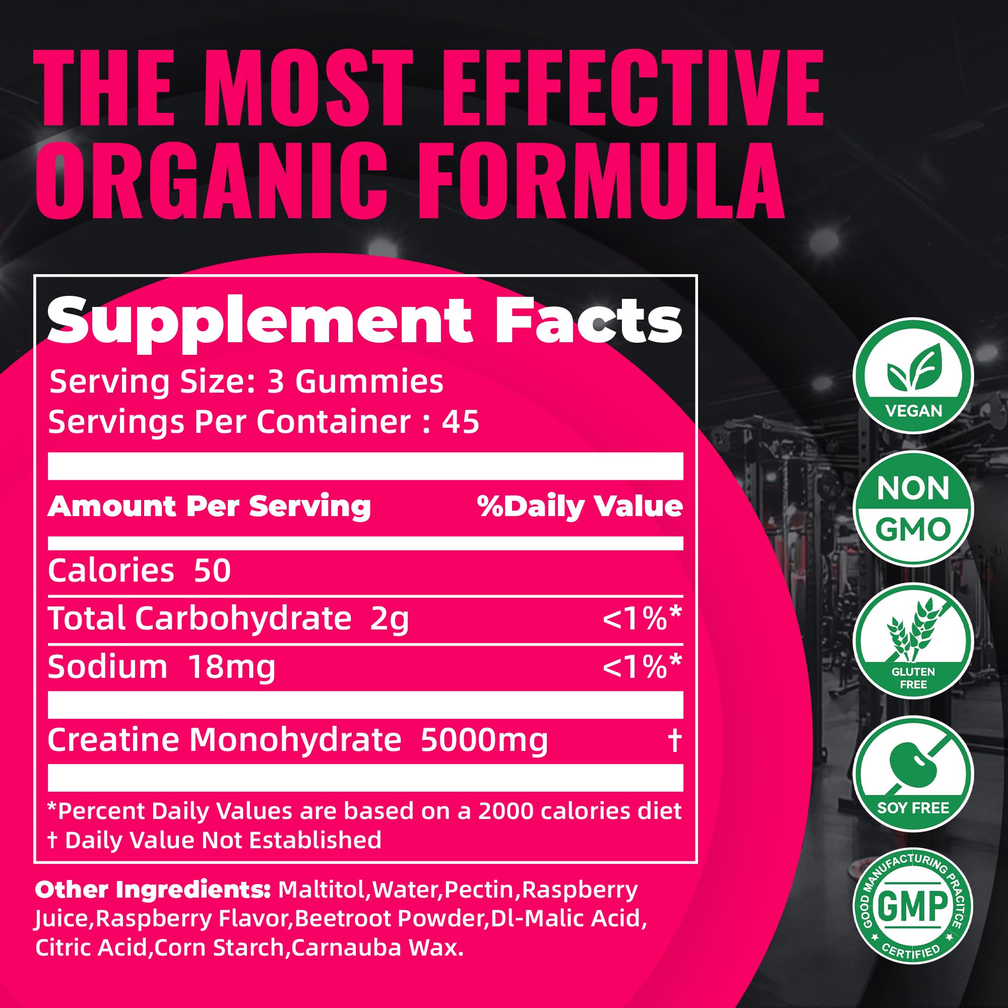 Natures Aid Creatine Gummy close-up highlights chewy texture and raspberry flavor