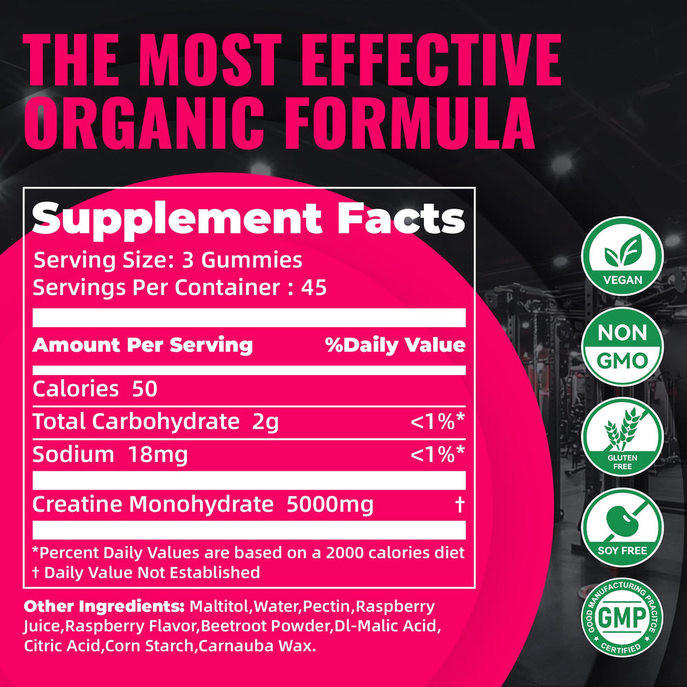 Natures Aid Creatine Gummy close-up highlights chewy texture and raspberry flavor