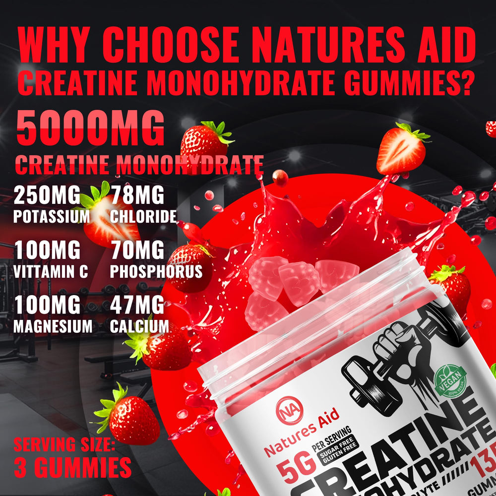 Natures Aid Creatine Gummy jar back highlighting vegan and gluten-free notes.