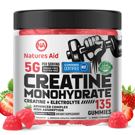 Natures Aid Creatine Gummy jar front for daily workouts and convenience.