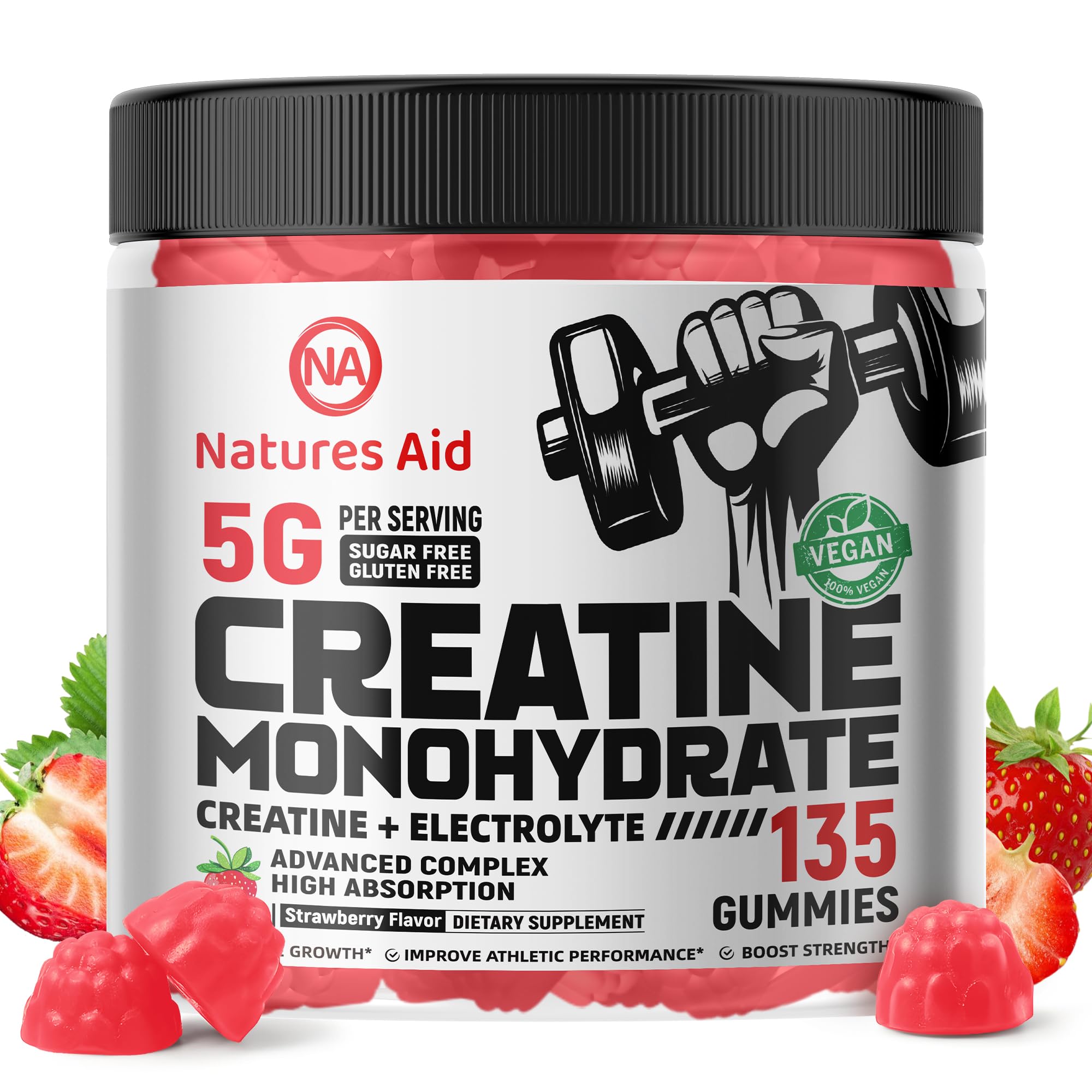 Natures Aid Creatine Gummy nutrition facts close-up for per-serving details.