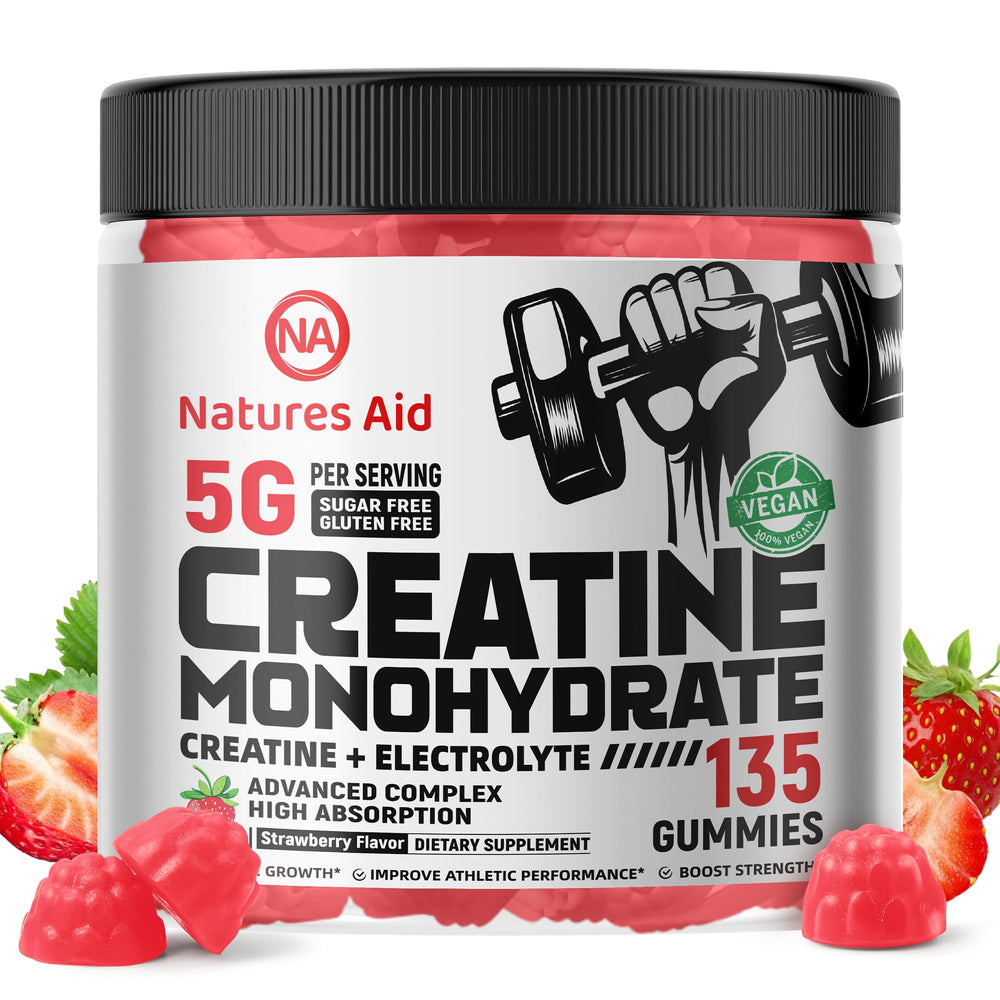 Natures Aid Creatine Gummy nutrition facts close-up for per-serving details.
