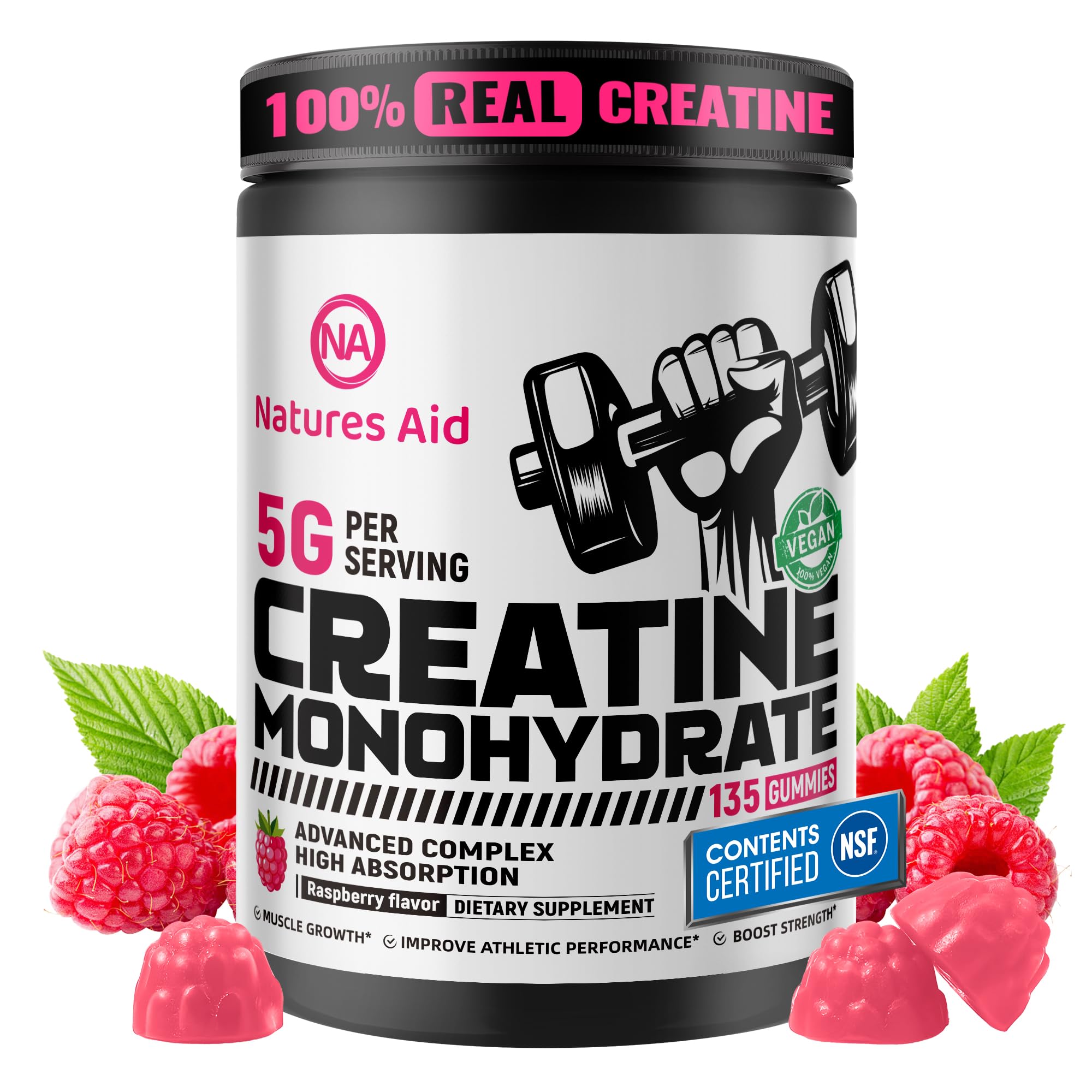 Natures Aid Creatine Gummy Raspberry bottle showing convenient daily energy support