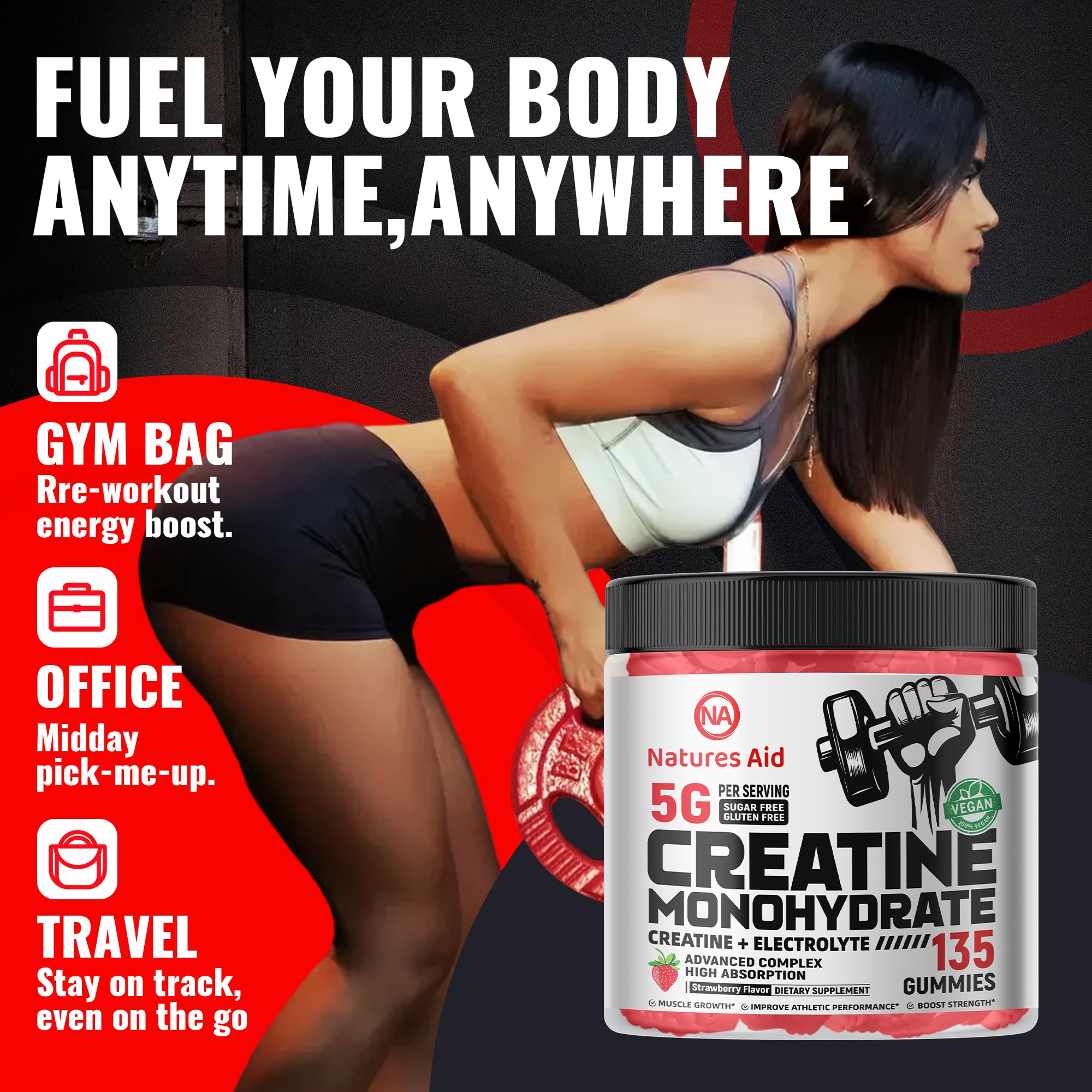 Natures Aid Creatine Gummy strawberry flavor to emphasize taste and appeal.