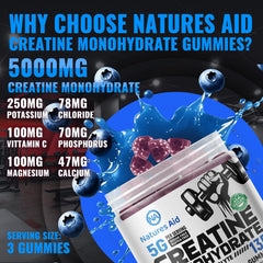 Natures Aid creatine gummy three gummies serving close-up showing 5g per serving