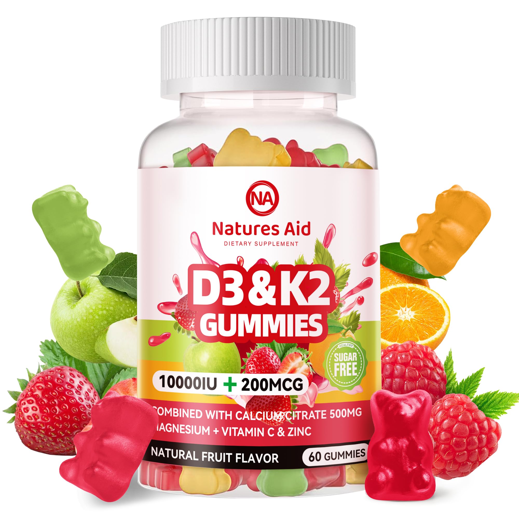 Natures Aid D3K2 gummies bottle front for vegan bone and immune support.