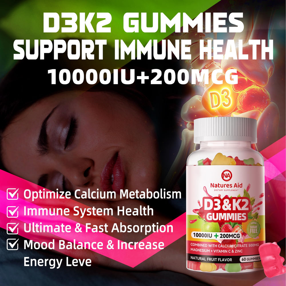 Peach-flavored vegan gummies with D3K2 and vitamin C.
