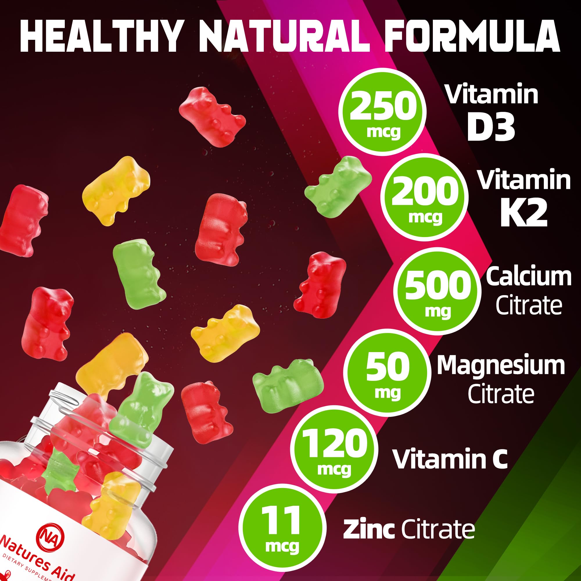 Gummy close-up highlights texture and peach flavor of Natures Aid D3K2.