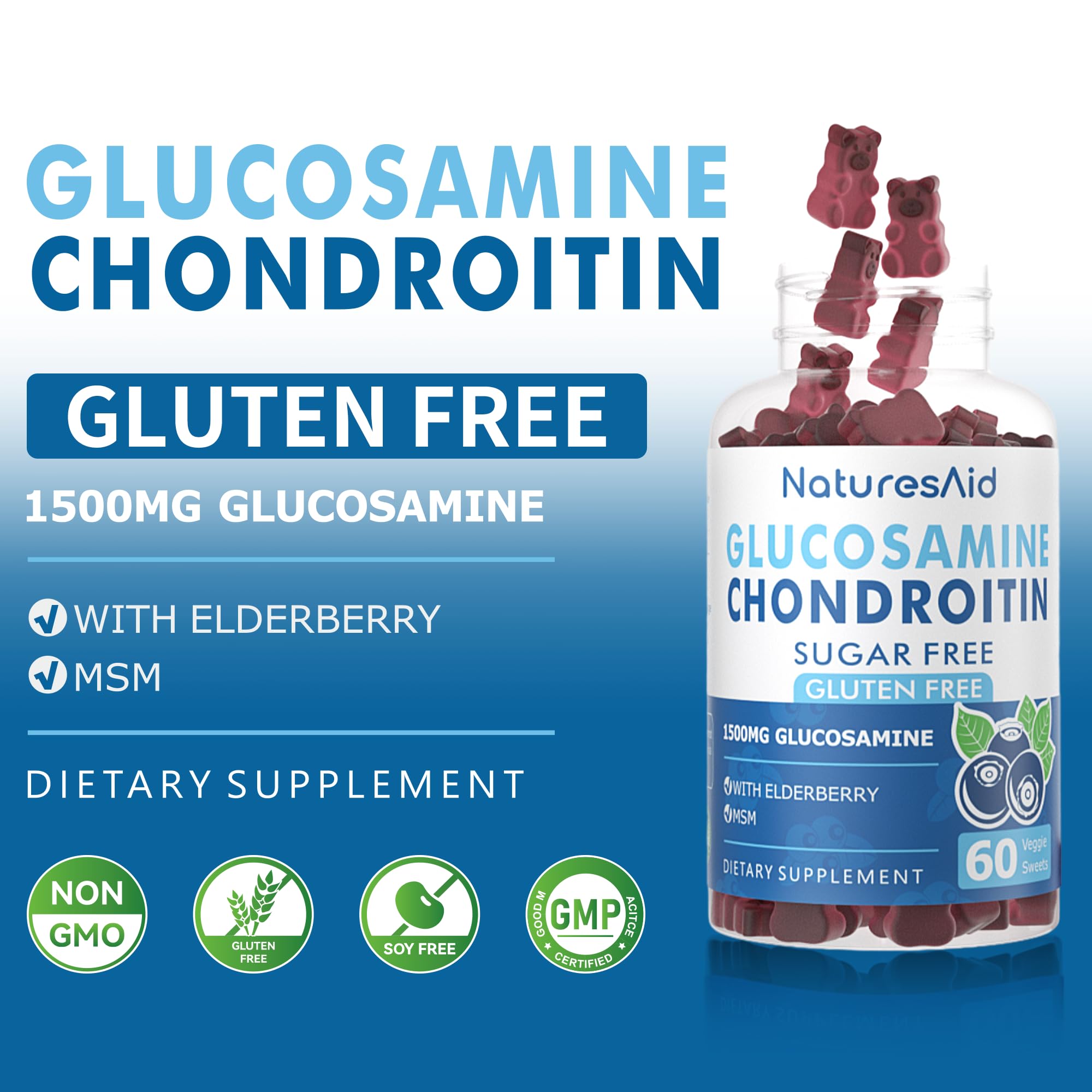 Natures Aid glucosamine chondroitin gummies elderberry flavor for tasty daily joint support.