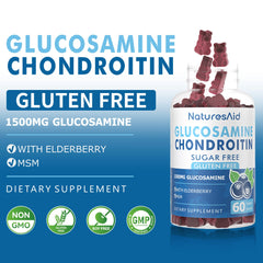 Natures Aid glucosamine chondroitin gummies elderberry flavor for tasty daily joint support.