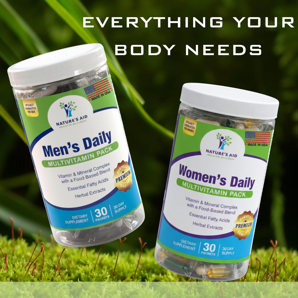 Nature's Aid Holistic Wellness Men's 7 Daily Multivitamins bottle pouring into hand