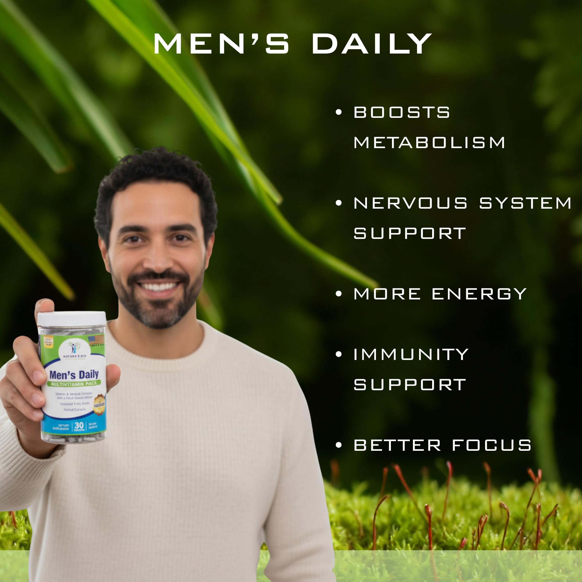 Nature's Aid Holistic Wellness Men's 7 Daily Multivitamins packaging box on display