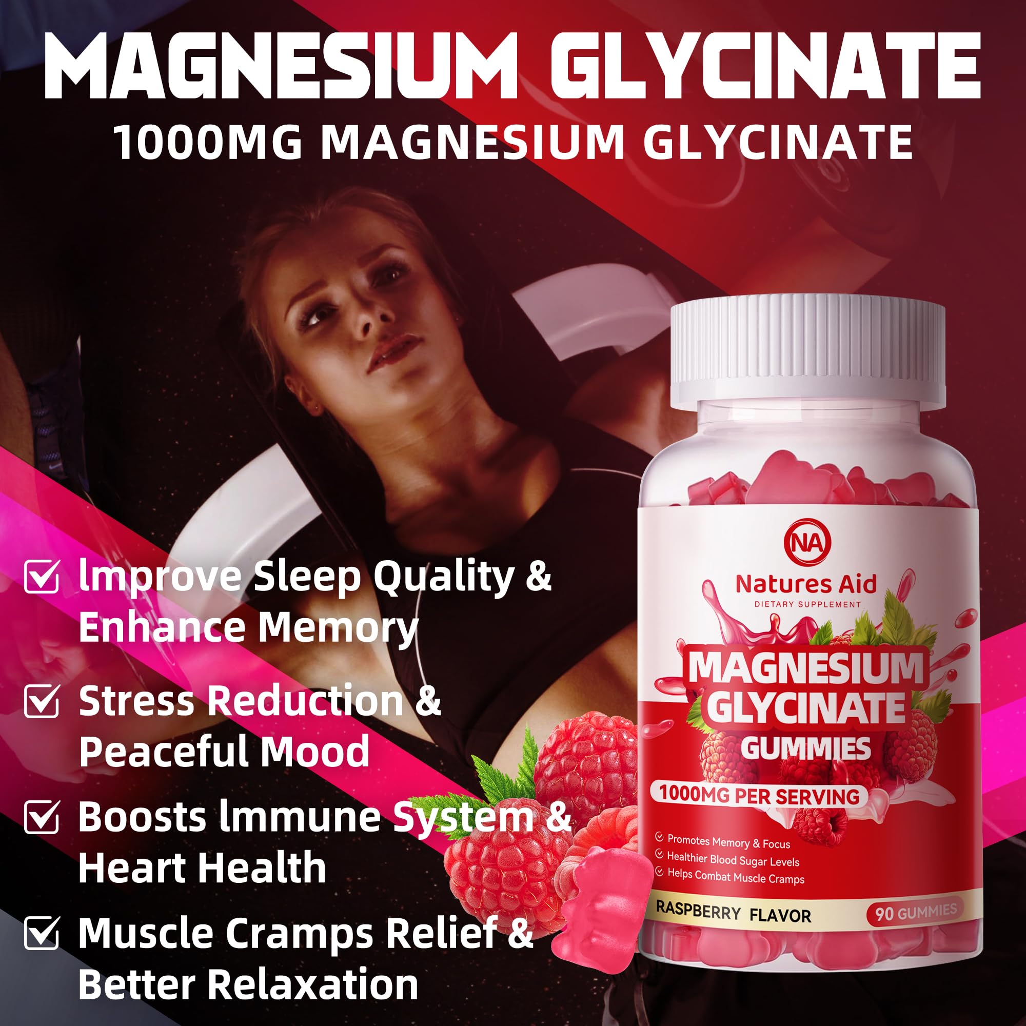 Natures Aid Magnesium Glycinate Gummies front label with raspberry flavor for easy daily use