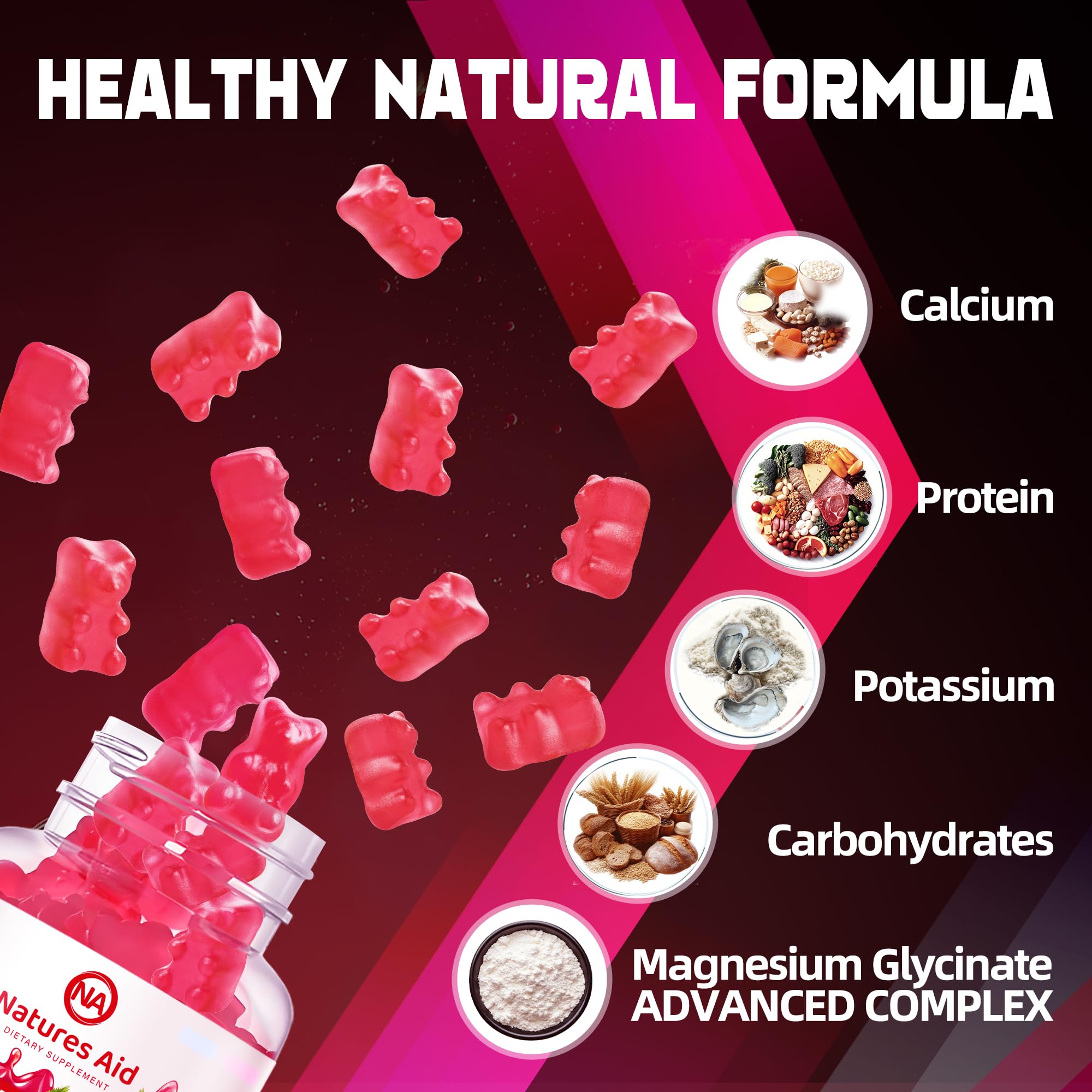 Natures Aid Magnesium Glycinate Gummies closeup shows soft raspberry chew