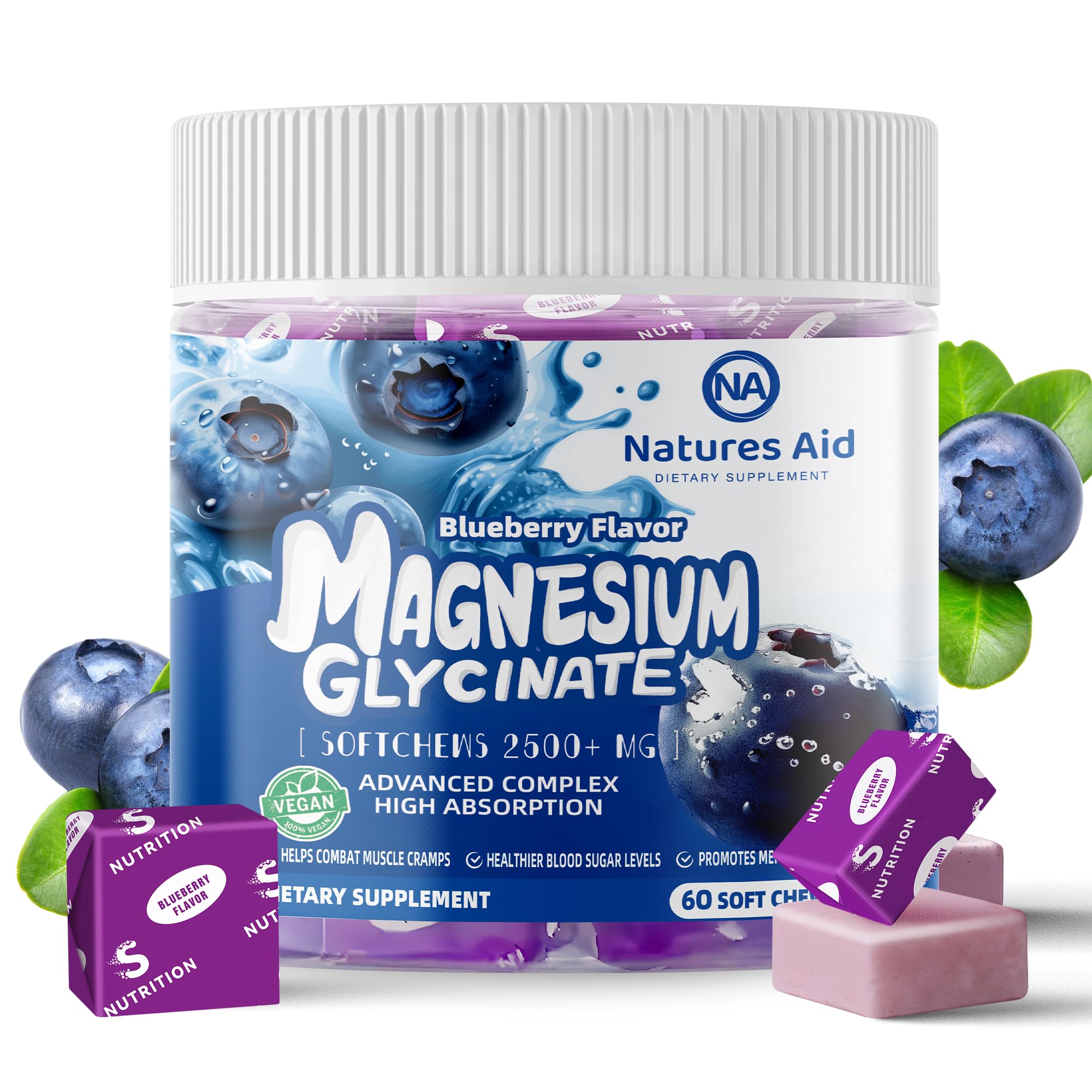 Natures Aid Magnesium Glycinate Soft Chews Blueberry bottle for daily calm support.