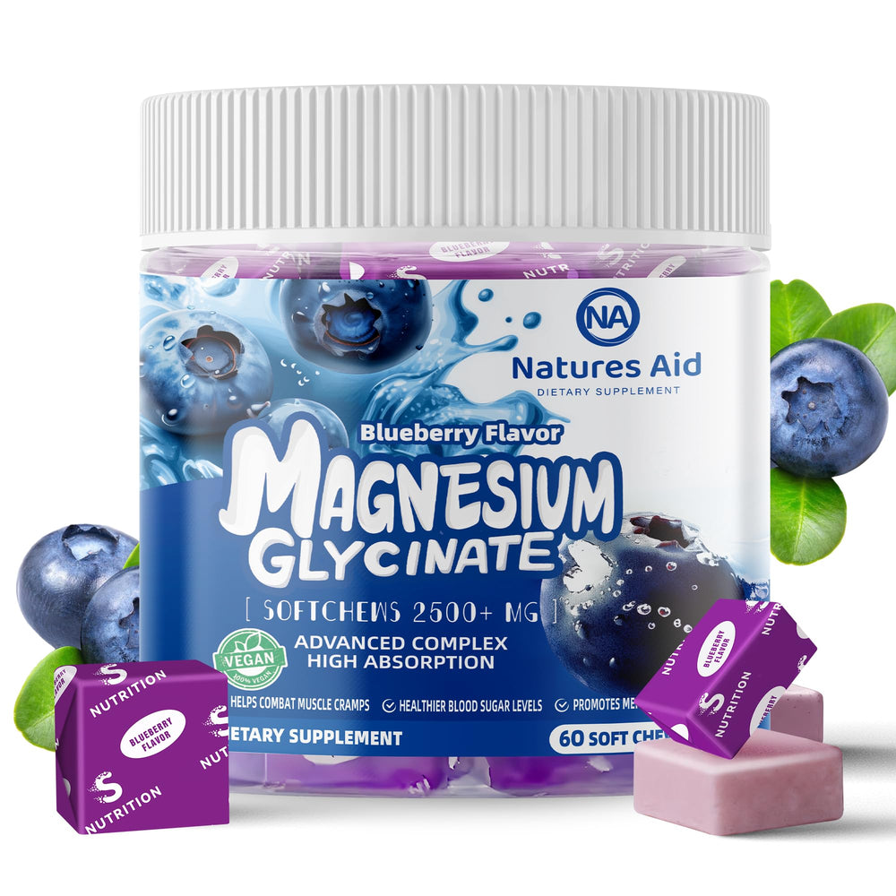 Natures Aid Magnesium Glycinate Soft Chews Blueberry bottle for daily calm support.