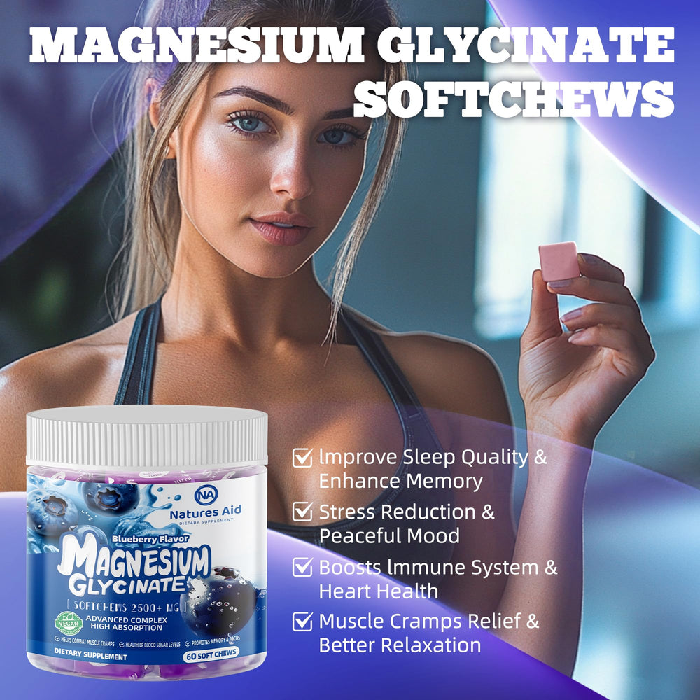 Natures Aid Magnesium Glycinate Soft Chews Blueberry family-friendly packaging.