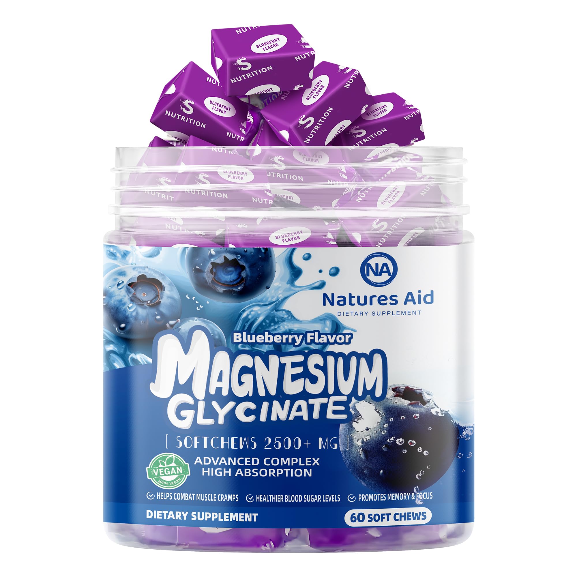 Natures Aid Magnesium Glycinate Soft Chews Blueberry label highlights ingredients and sugar-free formula.