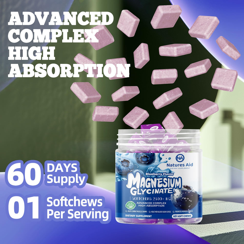 Natures Aid Magnesium Glycinate Soft Chews Blueberry calming nightly routine shot.