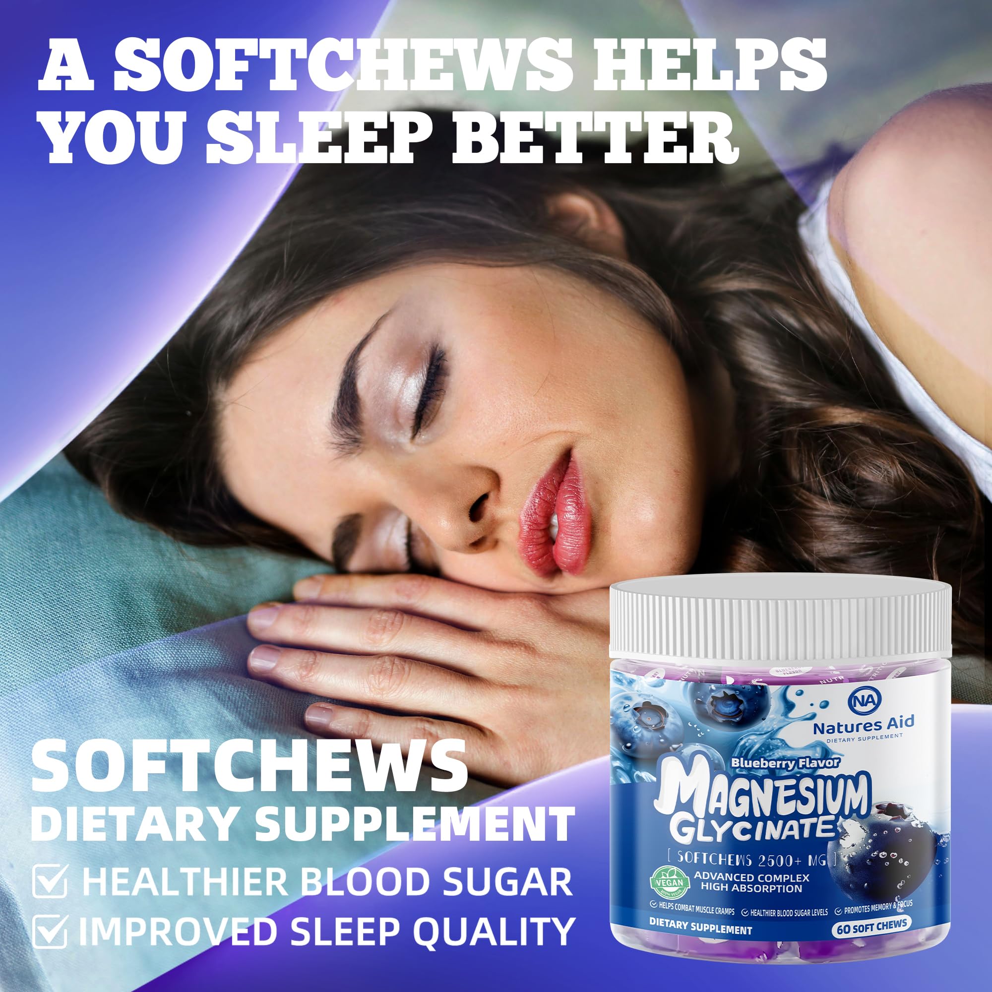 Natures Aid Magnesium Glycinate Soft Chews Blueberry on-the-go packaging display.