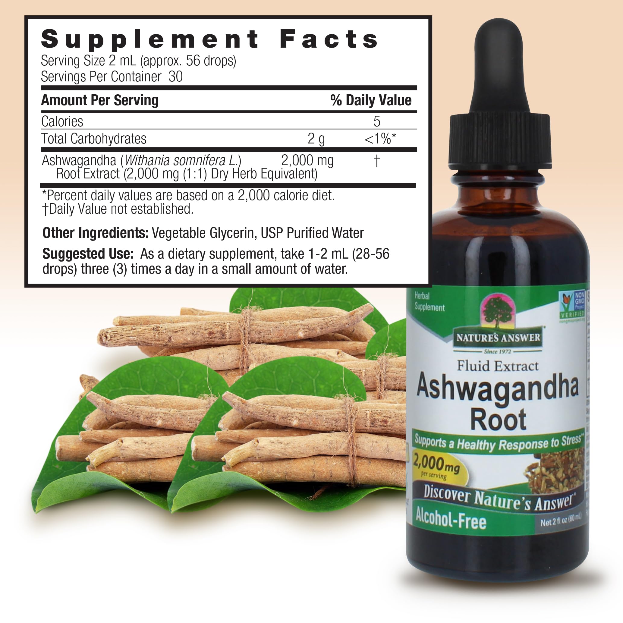 Nature's Answer Ashwagandha Root label features origin notes and adaptogenic context.