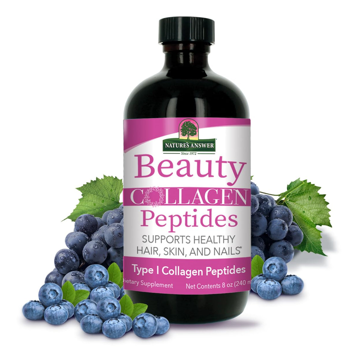 Nature's Answer Beauty Collagen Peptides bottle promotes a radiant look with marine collagen