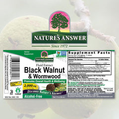 Nature's Answer Black Walnut and Wormwood extract label, non-GMO and USA-made.