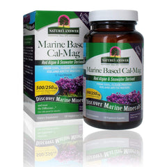 Nature's Answer calcium magnesium capsules bottle shows marine-based formula for daily bone support