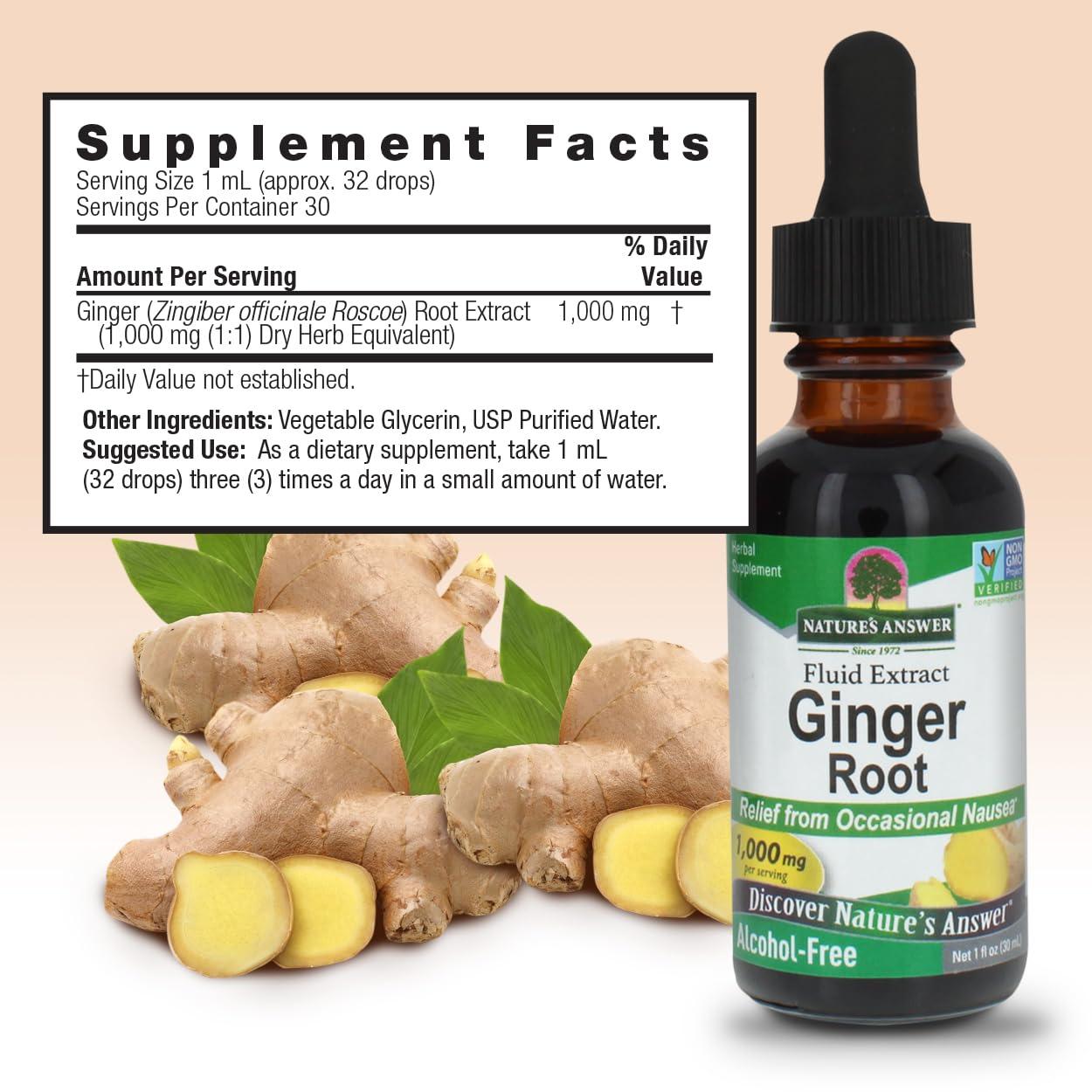 Nature's Answer ginger root extract label close-up showing vegan and non GMO claim