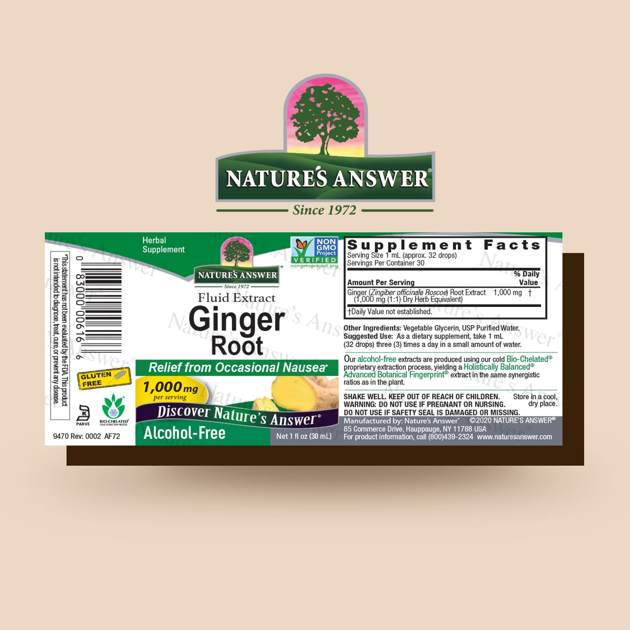 Nature's Answer ginger root extract dropper in use for occasional nausea relief