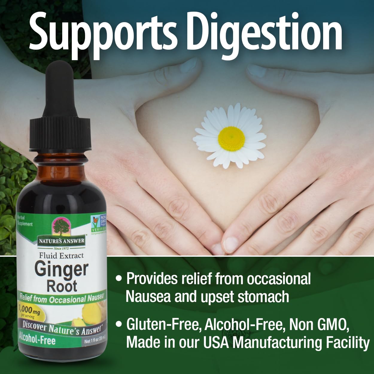 Nature's Answer ginger root extract amber bottle on shelf for easy daily use